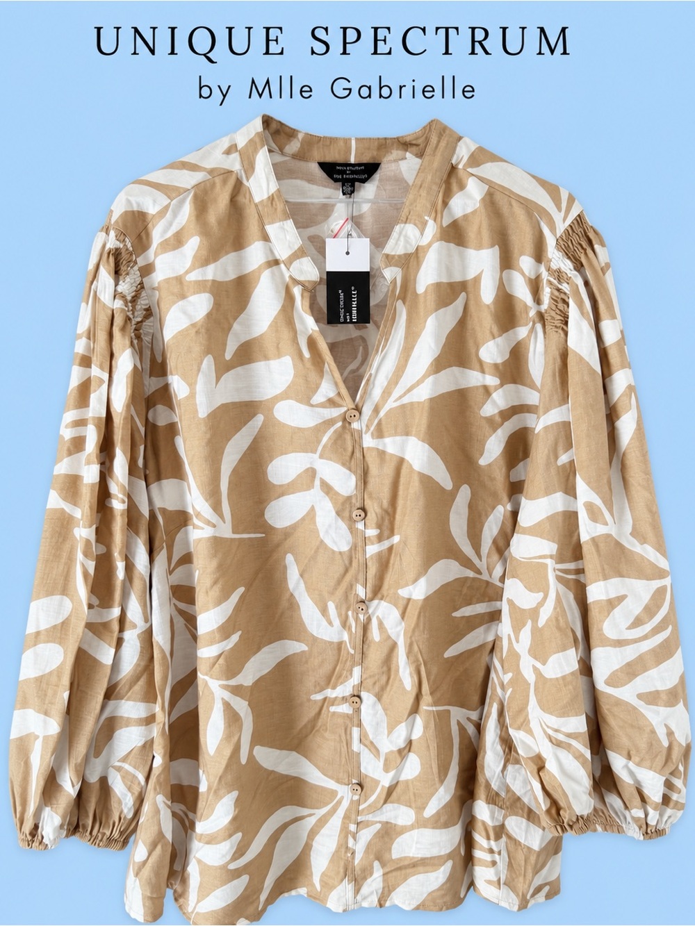 NWT Unique Spectrum by Mlle Gabrielle Leaf Print Linen Blend Top